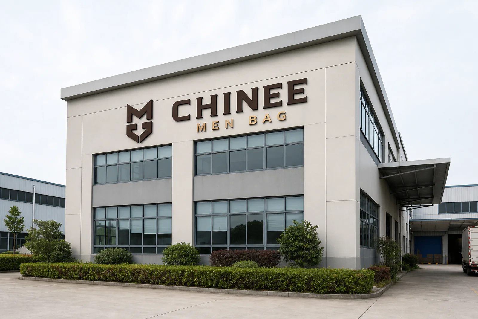 CHINEE MEN BAG branded factory exterior in a Chinese industrial park