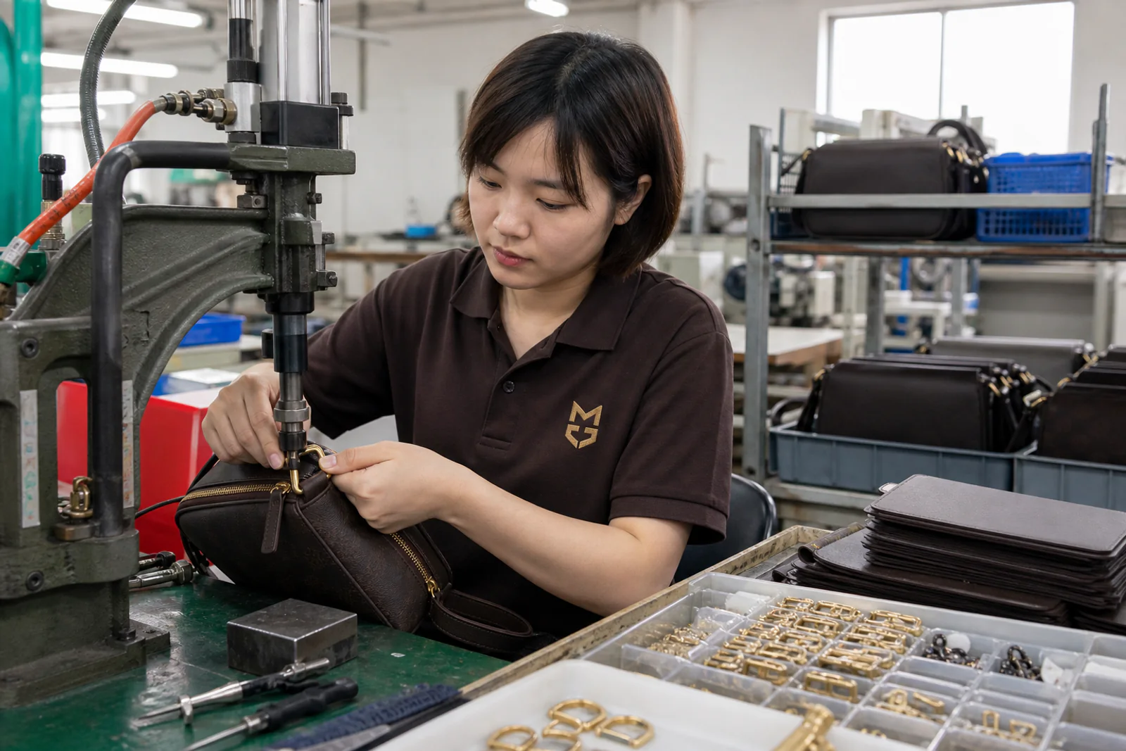 Hardware assembly on a men's crossbody bag
