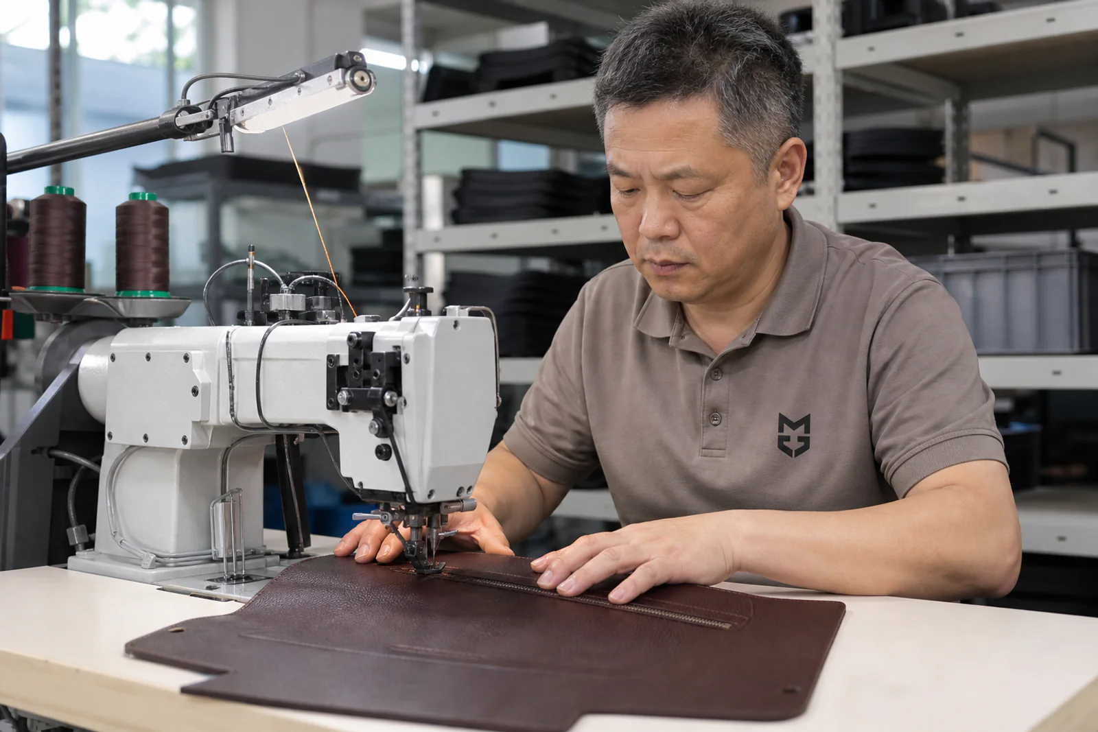 Industrial sewing of a men's briefcase panel
