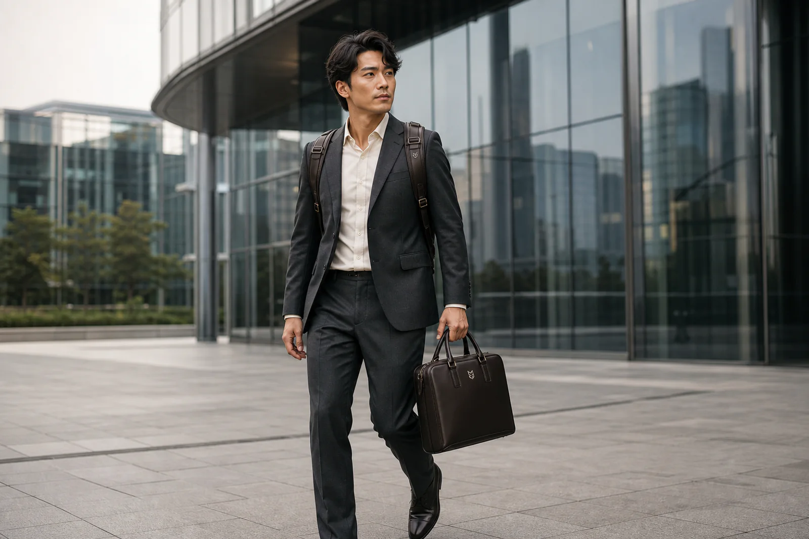 Branded CHINEE briefcase and backpack in a business commute setting