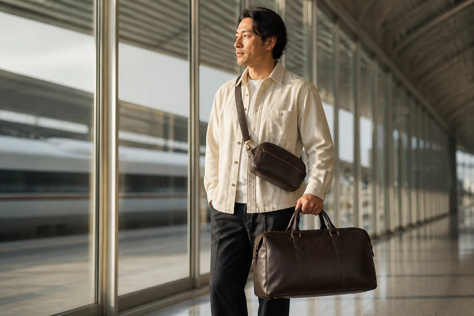 Branded CHINEE weekender and crossbody bag in a travel setting