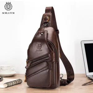 100% Cowhide Leather Sling Bag, OEM Custom Logo Casual Men’s Chest Bag with Earphone Hole