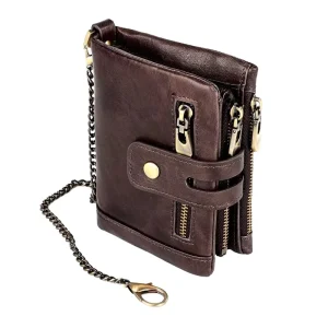 100% Genuine Cappuccino Leather Men’s Wallet Zip Coin Pocket RFID Feature Short Length Customizable Logo