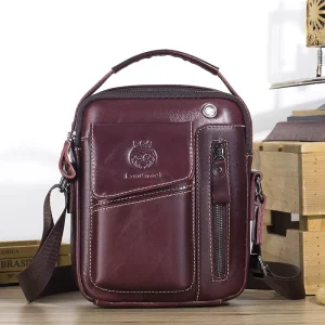 100% Genuine Leather Men’s Vintage Fashion Crossbody Shoulder Bag Handbag Top Handle Phone Pocket Custom Logo