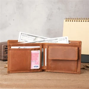 1138 Vintage Crazy Horse Genuine Leather Men’s Wallet with Zipper Closure Retro RFID Card Bag Bank Card Holder