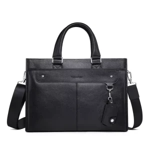 13 Inch Men’s Genuine Leather Laptop Briefcase Business Shoulder Sling Bag with Logo Black Travel Crossbody Briefcase