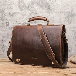14 Inch Genuine Leather Laptop Bag for Men Office Rigid Crazy Horse Leather Travel Briefcase Men Business Work Bag