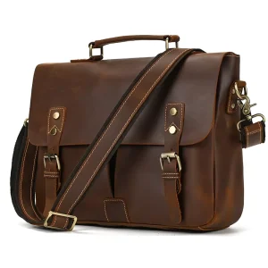 14″ Laptop Cow Leather Work Tote Cowhide Business Bag Crazy Horse Leather Messenger Men’s Genuine Leather Briefcase