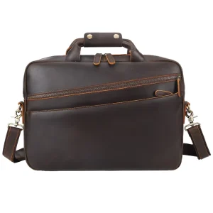 15.6” Men’s Business Laptop Portfolio Brown Crazy Horse Leather Briefcase Full Grain Genuine Leather Office Briefcase