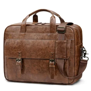 16 Inch Men’s Retro Genuine Leather Soft Waterproof Laptop Briefcase Messenger Bag for Work Business Office University