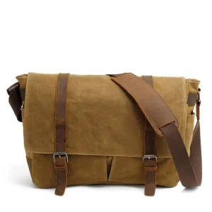 16930 Men’s England Style Autumn Shoulder Messenger Bag Waxed Canvas Crazy Horse Real Leather Button Rivet Decoration Custom
