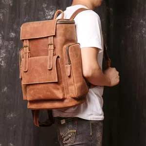 17″ Handmade Cowhide Leather Waterproof Backpack with Polyester Lining and Cover Closure Travel Rucksack for Men and Boys