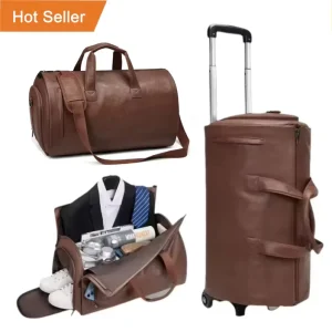 2 in 1 Hanging PU Leather Carry on Garment Duffel Bag Travel Weekend Overnight Suit Bag Men Suit Cover Travel Bag with Wheel