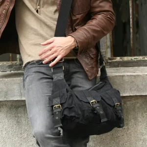2353 Vintage Men’s Canvas Side Sling Bag with Leather Trim Shoulder Bag in Stock