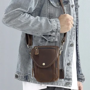 AIGUONIU Vintage Men’s Small Cowhide Genuine Leather Messenger Bag with Zipper Closure Shoulder Sling Bag for Mobile Phone