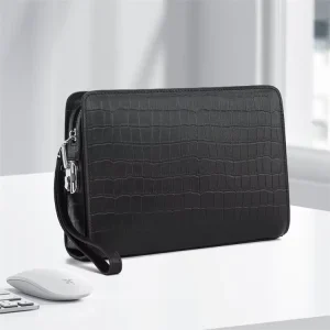 Anti-Theft Crocodile-Patterned Clutch Bag Genuine Leather Men’s Handbag with Code Lock