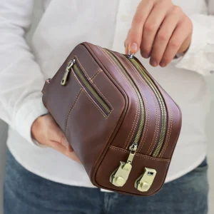 Anti Theft Men’s Clutch Bag with Lock & Side Handle Double Zippered Genuine Vegetable Tanned Leather Pouch for Travel