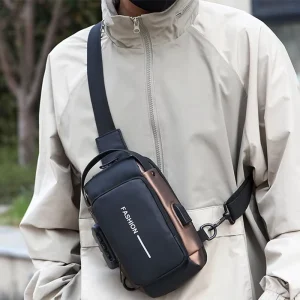 Anti Theft Men’s Riding Chest Bag with Password Lock USB Port Waterproof PU Motorcycle Shoulder Bag Custom Logo