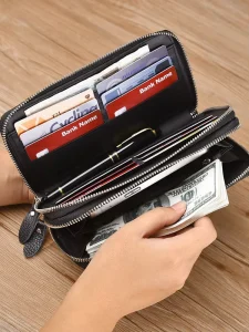 Anti Theft RFID Blocking Men’s Genuine Leather Long Purse with Wristlet Embossed Pattern Multi Function Phone Holder Wallet