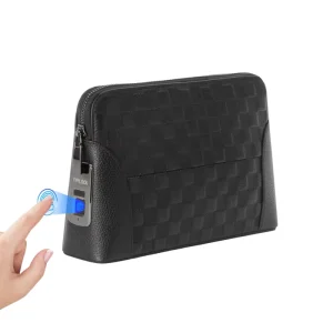 Anti Theft Waterproof Fingerprint Lock Business Men’s Black Leather Clutch Handbag with Zipper Closure Fashion Portable Design
