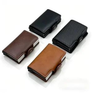 Antitheft RFID Credit Card Holder Wallet, Leather Aluminum Box, Metal Minimalist Wallet for Men