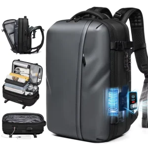 Auto Compress Men’s Vacuum Backpack W Built-in Pump Airline Carry on Approve Black Laptop Bag for Business Trip Travel Backpack