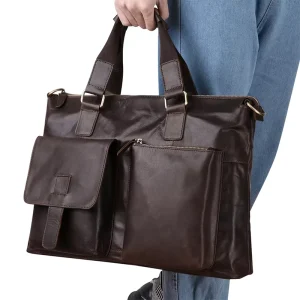 BEARKY Dark Brown Leather Messenger Bag Men’s Business Laptop Briefcase Multi pocket Casual Shoulder Crossbody Bag Bulk