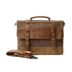 BEARKY Waxed Canvas Leather Messenger Bag Vintage Buckle Shoulder Crossbody Briefcase Two-Tone Laptop Satchel Bag for Men