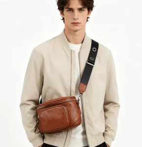 BSCI Factory Men’s Vintage Genuine Leather Messenger Bag with Logo Crossbody Shoulder Strap Luxury Zipper Closure