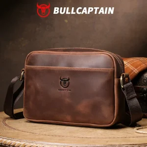 BULLCAPTAIN Crazy Horse Genuine Leather Men’s Classic Fashion Bag New Large capacity Single Shoulder Cross body Casual Bag