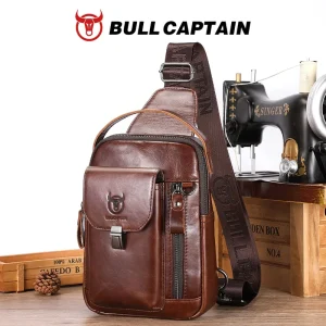 BULLCAPTAIN Men’s Vintage Genuine Leather Shoulder Bag Multifunction Anti Theft Crossbody Travel Sling Messenger Pack Chest Bag
