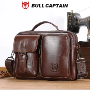 BULLCAPTAIN New Genuine Leather Men’s Business Crossbody Messenger Shoulder Bag Ultra Lightweight Foldable Expandable