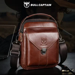 BULLCAPTAIN Retro First Layer Cowhide Men’s Crossbody Bag Vertical Genuine Leather Shoulder Messenger Bag for Daily Travel