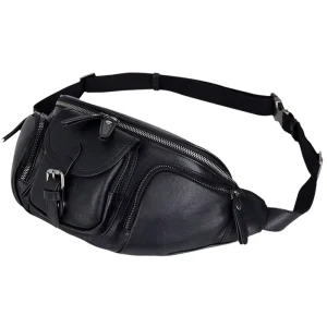 Black Cowhide Leather Men’s Belt Crossbody Bag with Zipper Pockets Sling Bag Suitable for Daily Outdoor