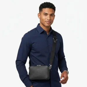 Black Custom Logo OEM Business Gift Genuine Leather Cowhide Crossbody Bag Mens Messenger Shoulder Purse Sling Pack Bag
