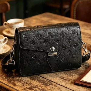 Black Embossed Patent Leather Men’s Messenger Bag GF Monogram Envelope Crossbody Adjustable Strap Shoulder Button Dress