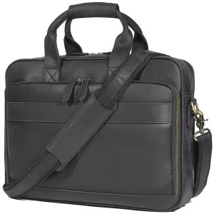 Black Genuine Leather Men’s Large 15.6″ Laptop Messenger Bag Business Travel Shoulder Bag Briefcase
