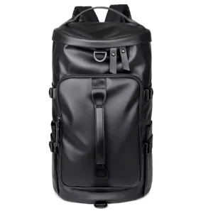 Black Large-Capacity Mens PU Waterproof Travel Bag with Dry-Wet Separation and Shoe Compartment for Casual Outings