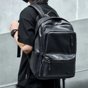 Black Men’s Backpack for Business Fashion PVC Leather 15” Laptop Backpacks Waterproof Travel School Backpack for Men