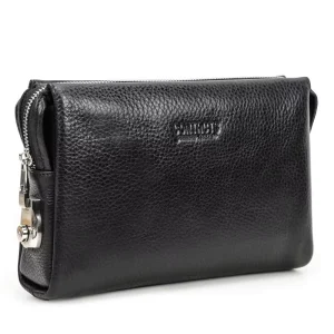Black Men’s Casual Cosmetics Bag First Layer Cowhide & Crazy Horse Leather Vintage Style Anti Theft Password Lock Zipper Closure