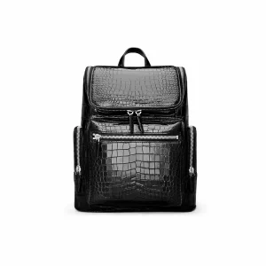Black Men’s Crocodile Leather Backpack Large Capacity Trendy Wear-resistant Travel Outdoor Men’s Bag