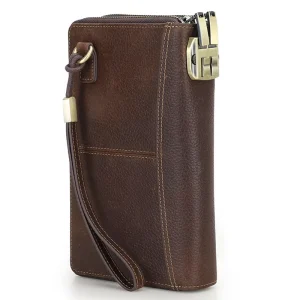 Black Men’s Vintage Walletl Handbag Leather RFID Blocking Double Zip Clutch Wrist Strap Password Lock Travel Passport Pocket