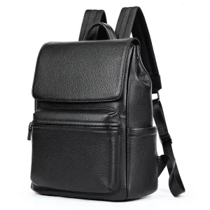 Black Pebble Pattern PU Leather Men’s Laptop Backpack with Zipper Pocket Luxury Design Book Bag for Business Trip