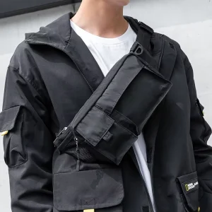 Black Polyester Custom Crossbody Sports Waterrepellent Zipper Net Small Fashion Box Shape Portable Waist Bag
