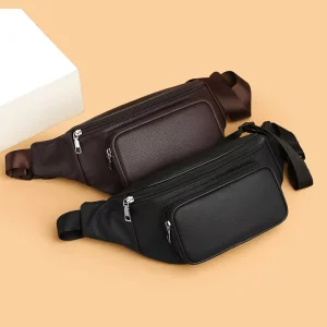 Black Quality Casual Men’s Real Cowhide Waist Bag Custom Leather Fanny Pack Crossbody