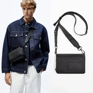 Black Saffinao Leather Fashion Men’s Crossbody Sling Side Purse Bag Messenger Bag for Men