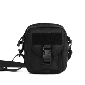Black Small Squared Removable Clip Shoulder Bag Mens Molle Phone Pouch Front Zipper Band Moto Biker Style Polyester