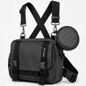 Black Tactical Chest Rig for Men with Detachable Round Pouch X Shape Strap Modular Utility Sling Bag Patterned Streetwear