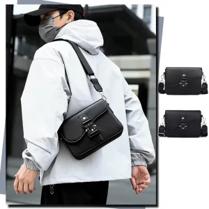 Black Vintage CrossBody Bag Business Shoulder Bag Men’s Fashion PU Leather Outdoor Messenger Bag with Waterproof Hasp and Zipper