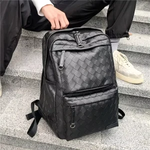 Black Waterproof Men’s Backpack Weave Casual School Large Computer Laptop Bag